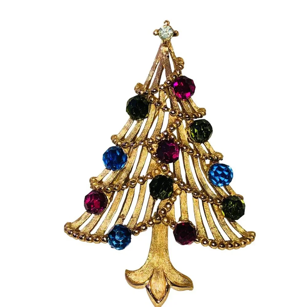 Trifari Vintage Crown Goldtone Multi-Color Rhinestone Christmas Tree Brooch